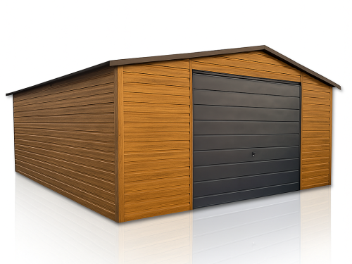 Garaż blaszany 5x6m – złoty dąb + ciemny grafit mat PREMIUM