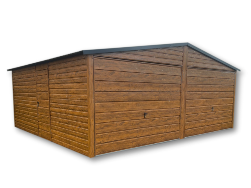 Garaż Blaszany dwuspadowy 6x5,8 - brama uchylna, drewnopodobny