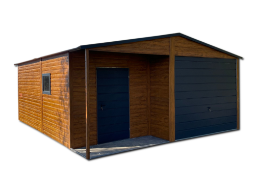 Garaż blaszany dwuspadowy z wnęką 5x6m złoty dąb + grafit MAT