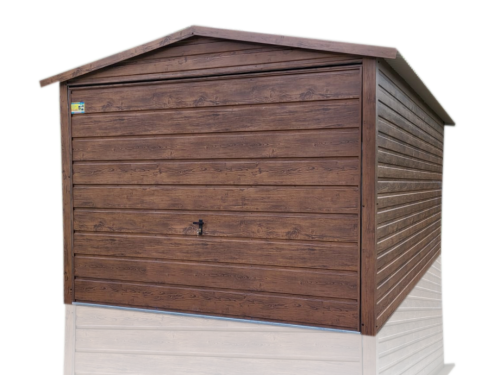 Garaż blaszany drewnopodobny 3x5 PREMIUM – dwuspadowy , brama uchylna