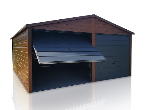 Garaż blaszany dwustanowiskowy 6x5m złoty dąb + ciemny grafit PREMIUM