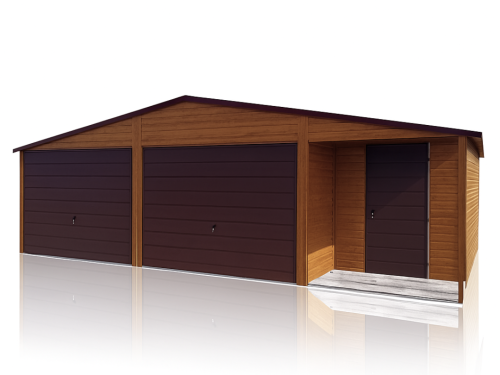 Garaż Blaszany dwustanowiskowy z wnęką 8x6 złoty dąb + ciemny brąz MAT