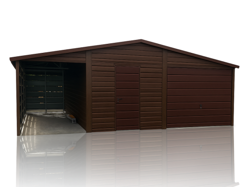 Garaż Blaszany 6x5 + Wiata ażurowa 2x5 Drewnopodobny Premium Dach Dwuspadowy