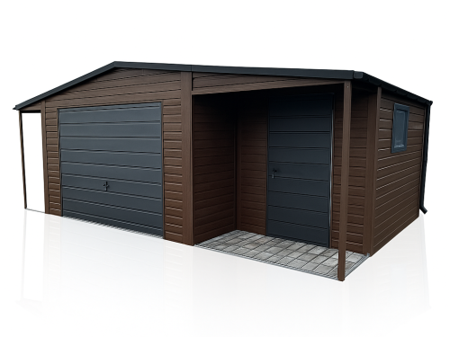 Garaż Blaszany drewnopodobny z wnęką 5.5x5m + 1.5x5m wiata Panelowa