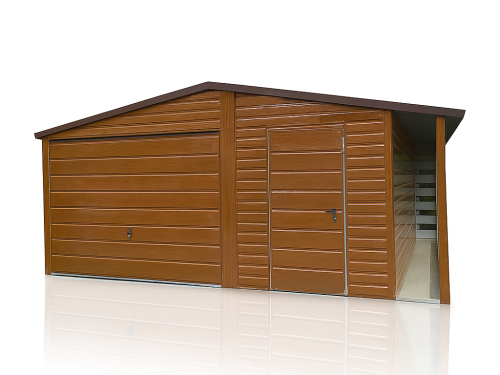 Garaż Blaszany 5x5 + Wiata panelowa 0.5x5 Dach Dwuspadowy Złoty Dąb PREMIUM