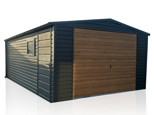 Garaż Blaszany 4x5 Dwuspadowy Dach Grafit + Winchester Brama Uchylna