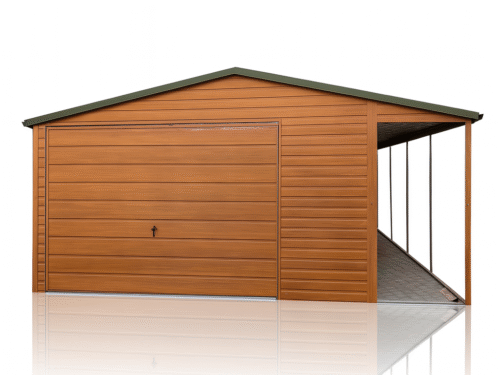 Garaż Blaszany 4x6 Złoty Dąb z Wiatą 1x6 na Słupkach – Profil Ocynk, Dach Dwuspadowy