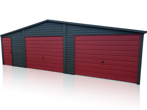 Garaż Blaszany 9x5 Dwuspadowy Grafit MAT + Wiśnia Bramy Uchylne