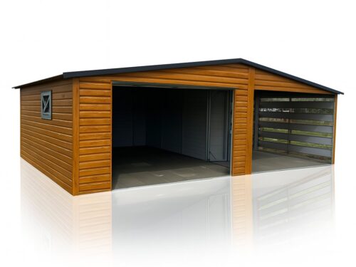 Garaż Blaszany dwuspadowy 4x5m + 3x5 wiata Panelowa Złoty dąb