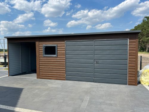 Garaż Blaszany z wiatą 6x5m ciemny Orzech + ciemny grafit MAT PREMIUM