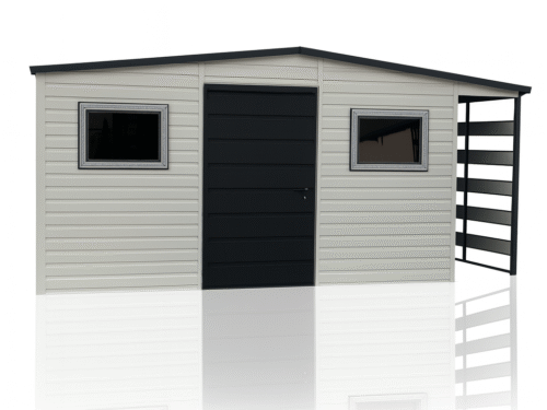 Domek Ogrodowy z Wiatą 4x4m – Biały RAL + Grafit, Garaż z Drzwiami i Oknami