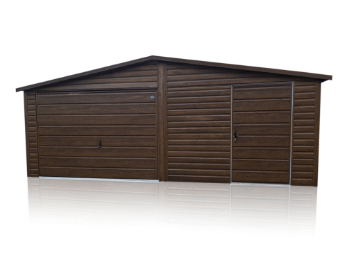 Garaż Blaszany Ciemny Orzech 6x6 Dwuspadowy, Brama uchylna, Drzwi