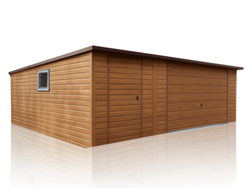 Garaż drewnopodobny 6x5 PREMIUM spad na tył, brama uchylna, drzwi