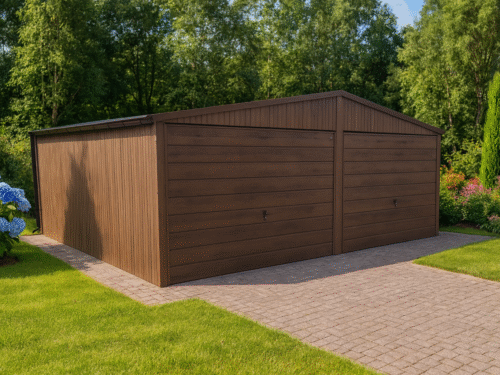 Garaż Blaszany 6×5 Dwuspadowy Kolor Ciemny Orzech Bramy Uchylne