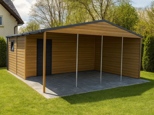 Domek Narzędziowy dwuspadowy z wiatą 6x6m blacha Winchester PREMIUM