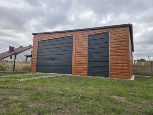 Garaż Blaszany Premium 5.5x6m spad na prawo złoty dąb + ciemny grafit MAT