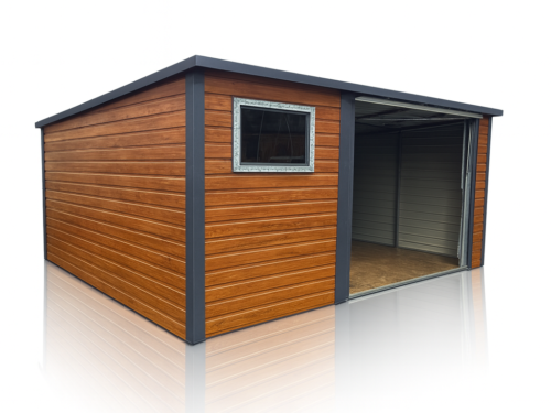 Garaż Blaszany spad na tył 4x4 drewnopodobny PREMIUM, brama uchylna, obróbki blacharskie