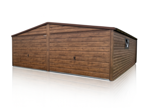 Garaż blaszany dwuspadowy 6x5,8m Ciemny Orzech +okno