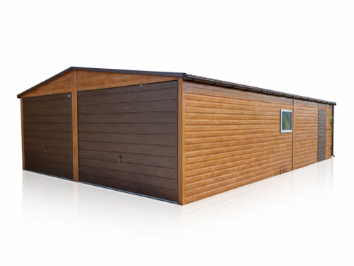 Garaż blaszany dwustanowiskowy 6x8m drewnopodobny + okno + drzwi