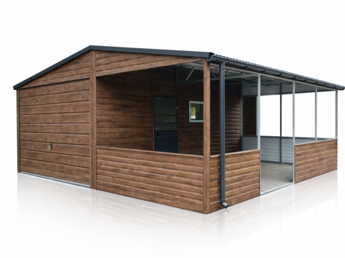 Garaż Blaszany z wiatą oblachowaną 6x5 Ciemny Orzech, Drzwi, Okno