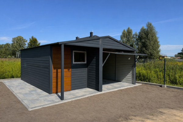 Garaż z wnęką grafit + drewno g Garaż z wnęką grafit + drewno g