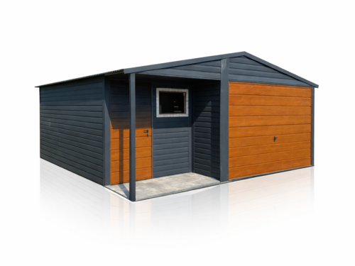 Garaż blaszany dwuspadowy 5x5 z wnęką Ciemny Grafit + Złoty Dąb