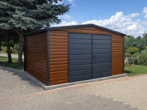 Garaż Blaszany dwuspadowy 4x5 Złoty Dąb + Ciemny Grafit Brama dwuskrzydłowa