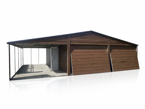 Garaż Blaszany dwuspadowy 6x7m drewnopodobny  + wiata 3m