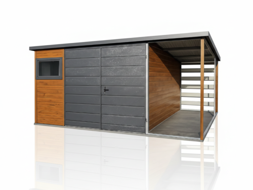 Domek narzędziowy ogrodowy 4x4 m z wiatą panelową 1 m Złoty Dąb + Ciemny Grafit