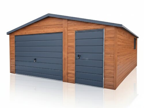 Garaż Blaszany 5x6 Drewnopodobny Złoty Dąb Grafit + Drzwi