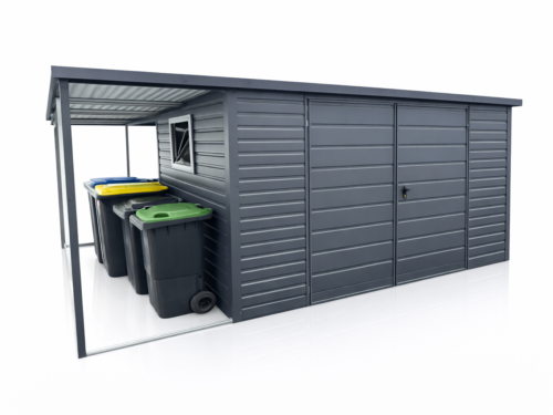 Garaż Blaszany 5,5 × 4,5 m z Wiatami Nowoczesny Schowek + Wiata Śmietnikowa Antracyt
