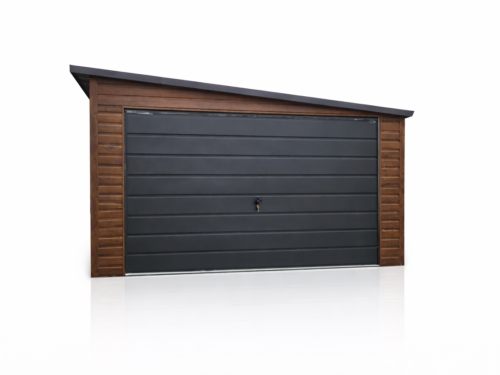 Garaż Blaszany 3,5x5 m – Dach Spad na Prawo, Drewnopodobny Ciemny Orzech + Grafit