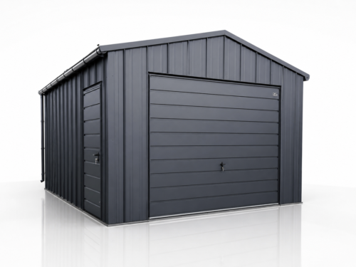 Garaż blaszany 4×5 m dwuspadowy – grafit mat, blacha na rąbek
